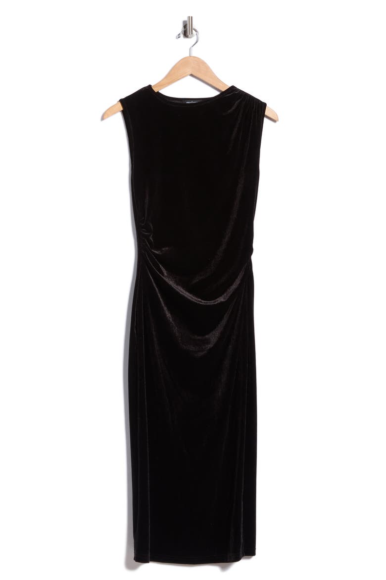 Draped Sleeveless Velvet Midi Dress, Alternate, color, BLACK