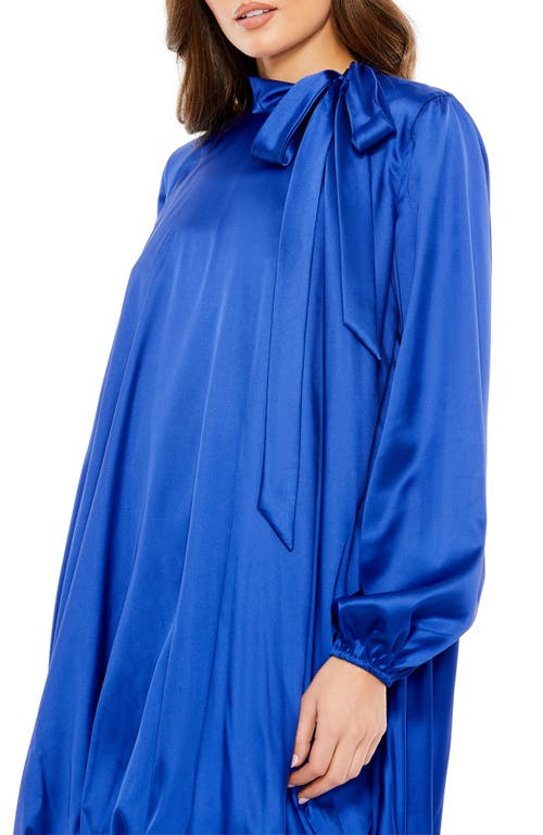 Mac Duggal Bubble Hem Charmeuse Dress With Statement Bow And Long Sleeves In Royal Blue