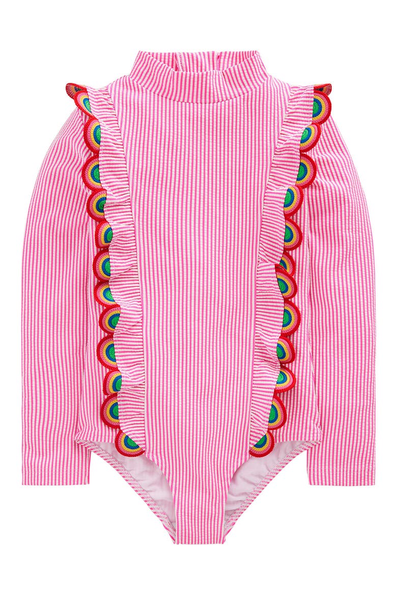 Kids' Frill Long Sleeve One-Piece Rashguard Swimsuit, Main, color, PINK GLO STRIPE RAINBOW