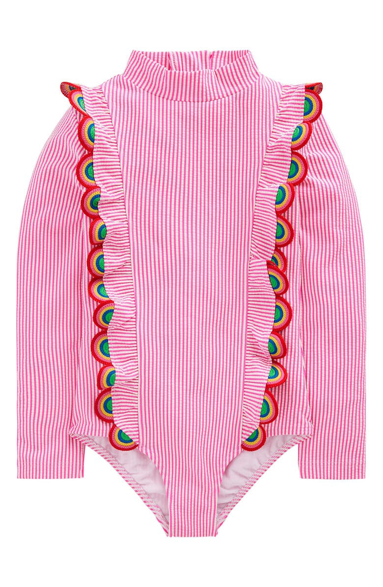 Mini Boden Kids' Frill Long Sleeve One-Piece Rashguard Swimsuit, Main, color, Pink Glo Stripe Rainbow