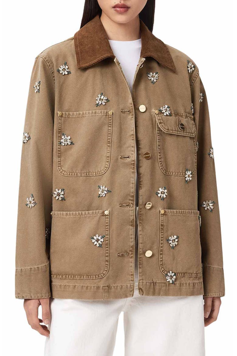 Bex Embroidered Detail Denim Jacket, Main, color, VINTAGE SAND BROWN