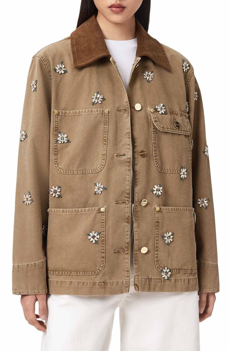 AllSaints Bex Embroidered Detail Denim Jacket, Main, color, Vintage Sand Brown
