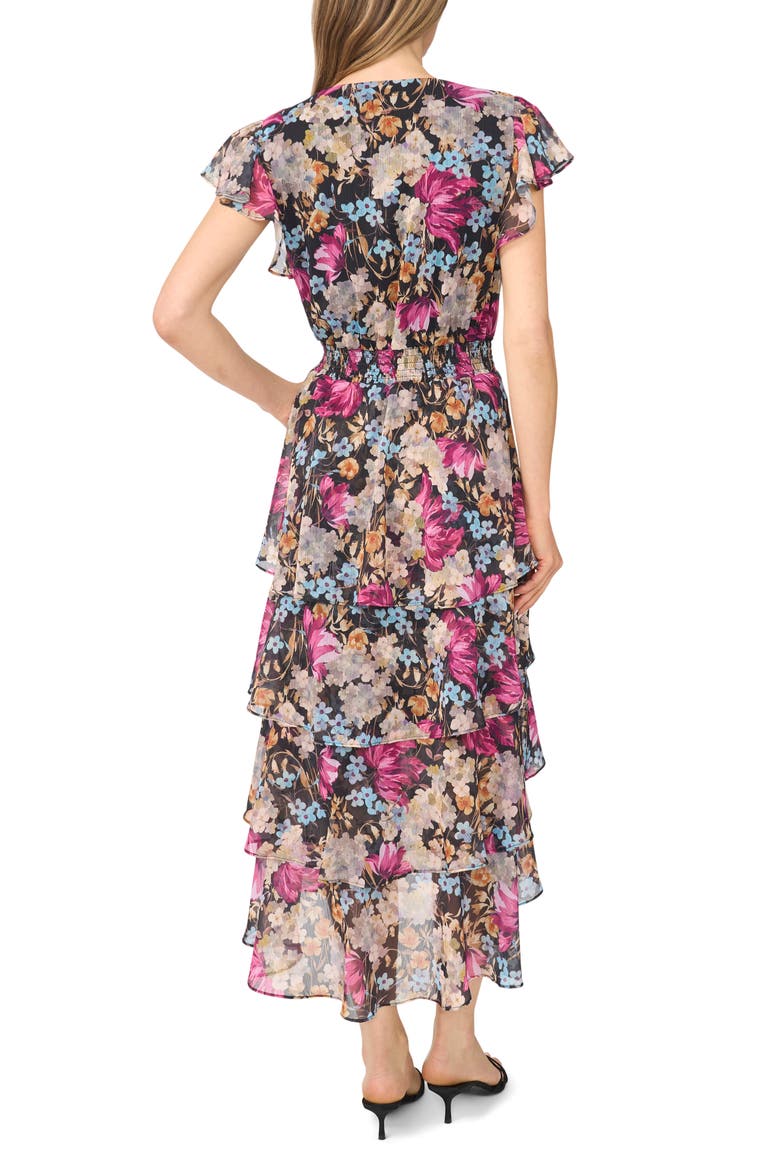 Floral Ruffle Chiffon Midi Dress, Alternate, color, RICH BLACK