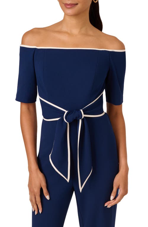 Adrianna Papell Tie Waist Knit Crepe Jumpsuit In Navy Sateen/ivory