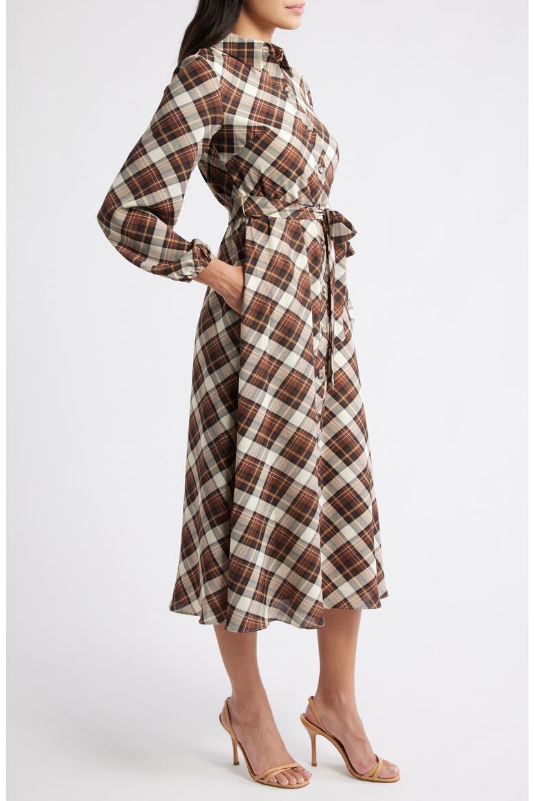 Plaid Tie Waist Long Sleeve Midi Dress, Alternate, color, BROWN MULTI