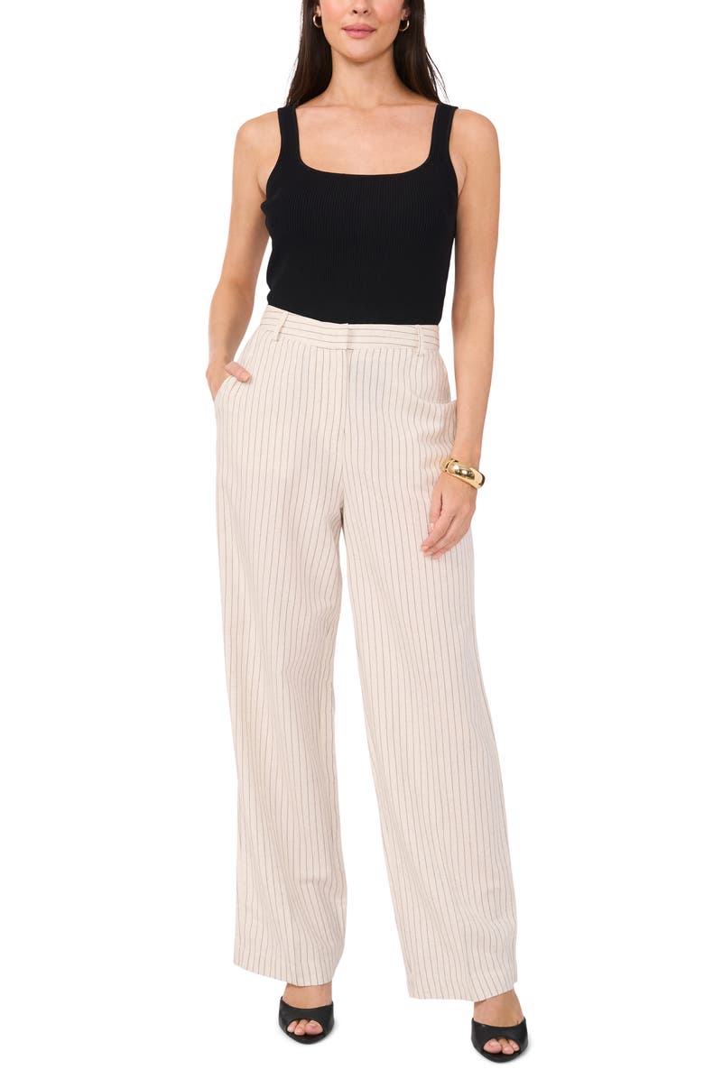 Vince Camuto Pinstripe Wide Leg Cotton & Linen Pants, Alternate, color, Almond