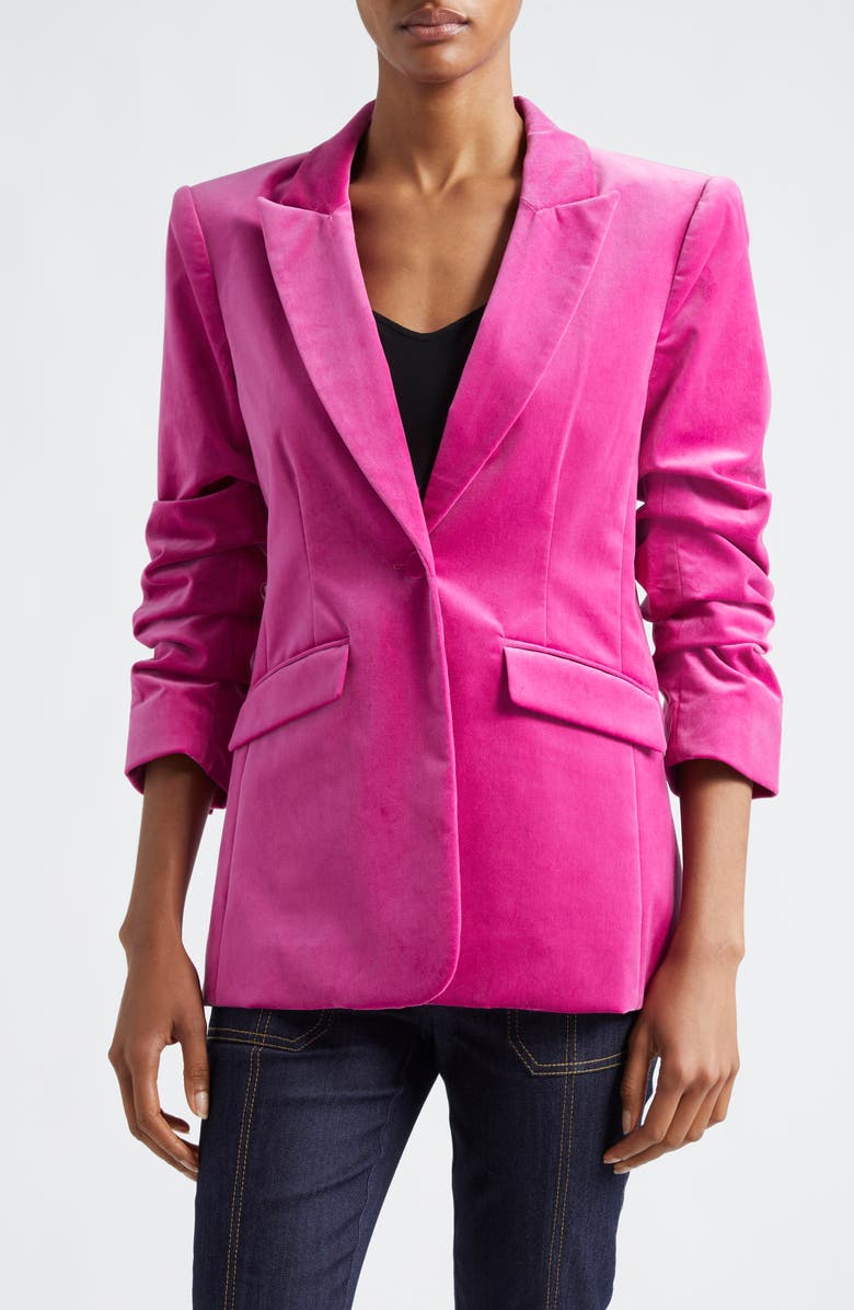 Cinq à Sept Cheyenne Ruched Sleeve Velveteen Blazer, Main, color, 