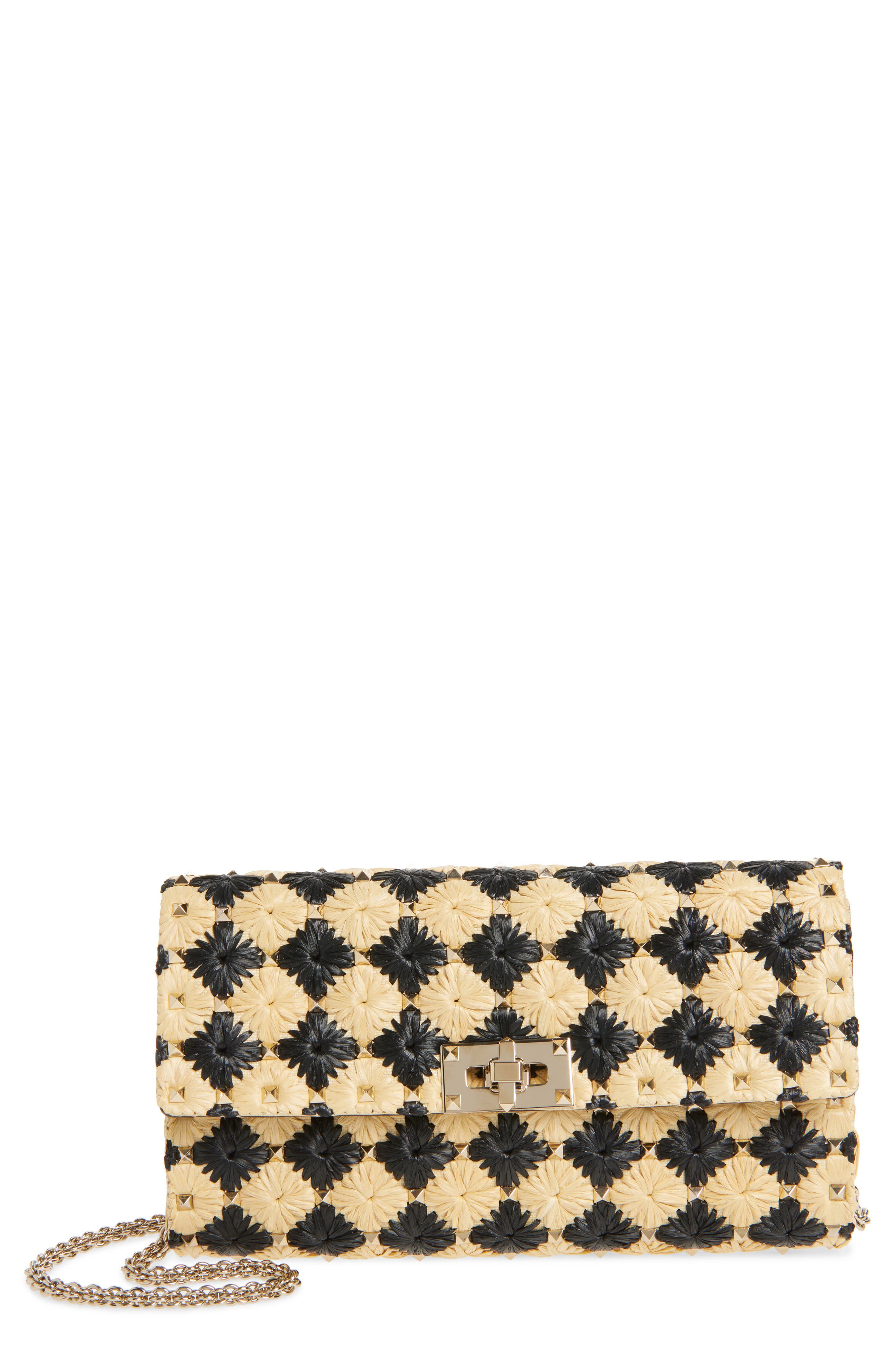 Valentino Garavani Rockstud Spike Check Raffia Shoulder Bag, Main, color, 