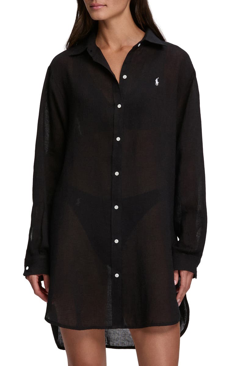 Polo Ralph Lauren Boyfriend Long Sleeve Cover-Up Tunic, Main, color, Black