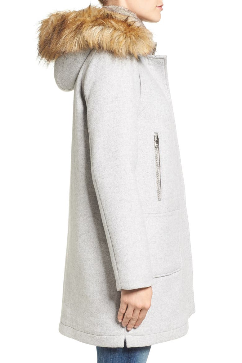 Wool Blend Duffle Coat with Faux Fur Trim Hood, Alternate, color, LIGHT GREY