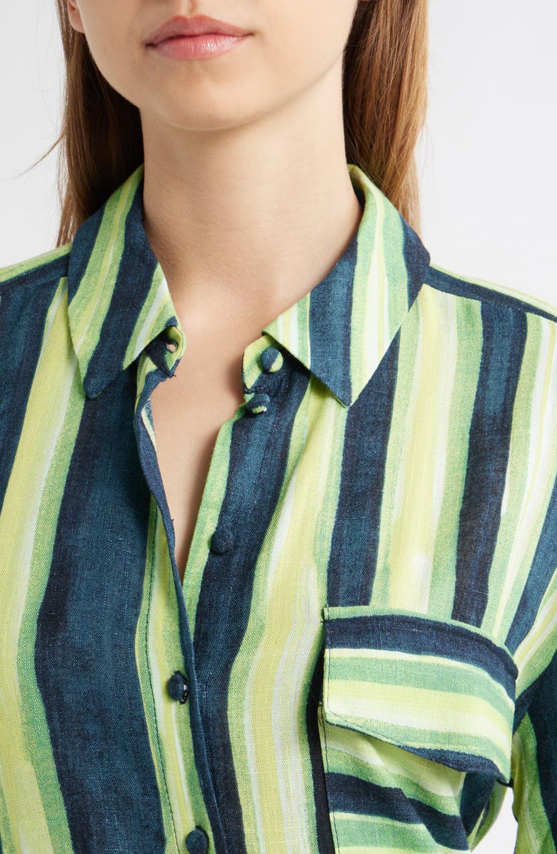 Topshop Stripe Tie Waist Long Sleeve Mini Shirtdress, Alternate, color, Medium Green