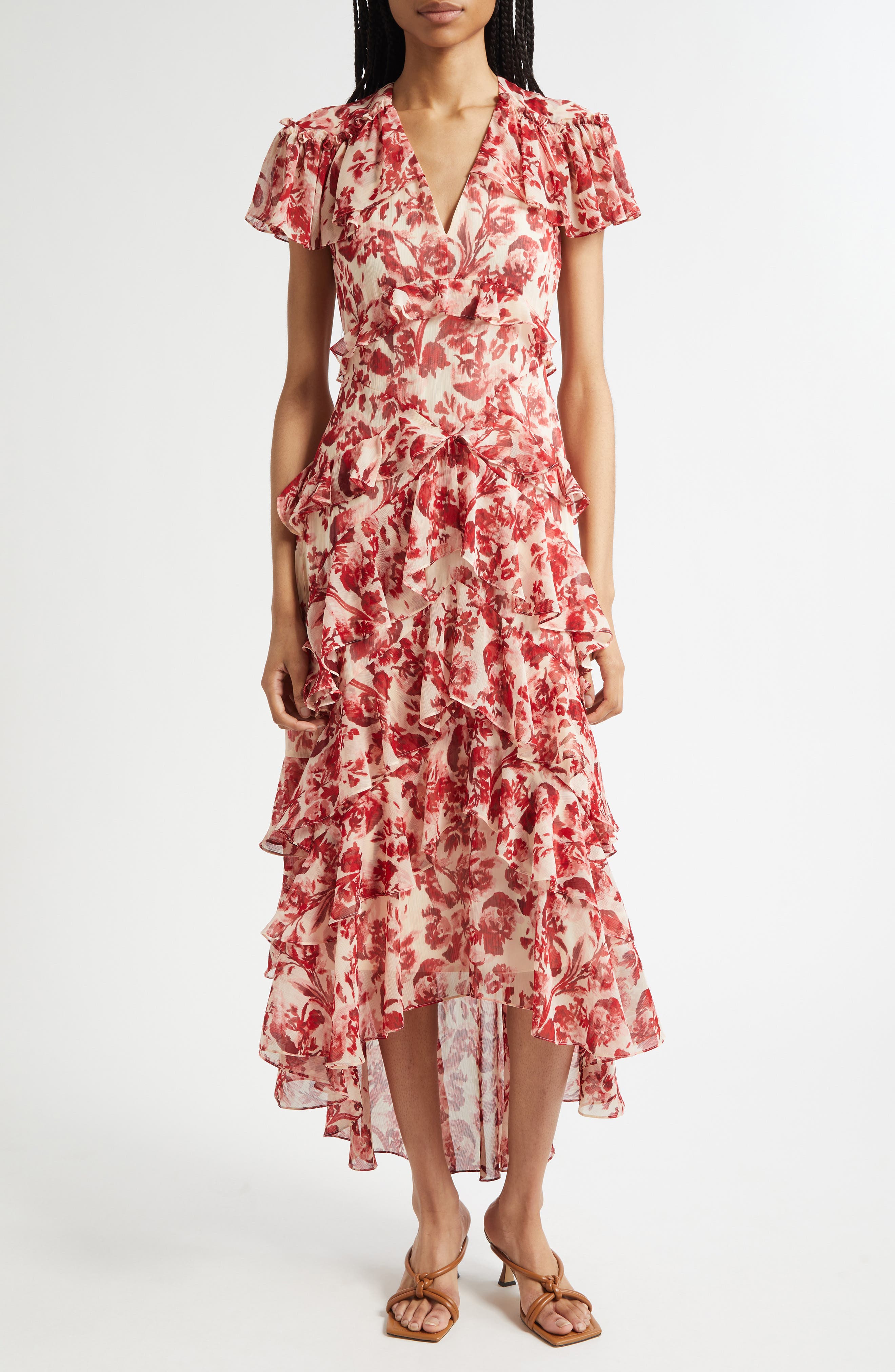 Cinq à Sept Tatum Floral Ribbons Ruffle Maxi Dress