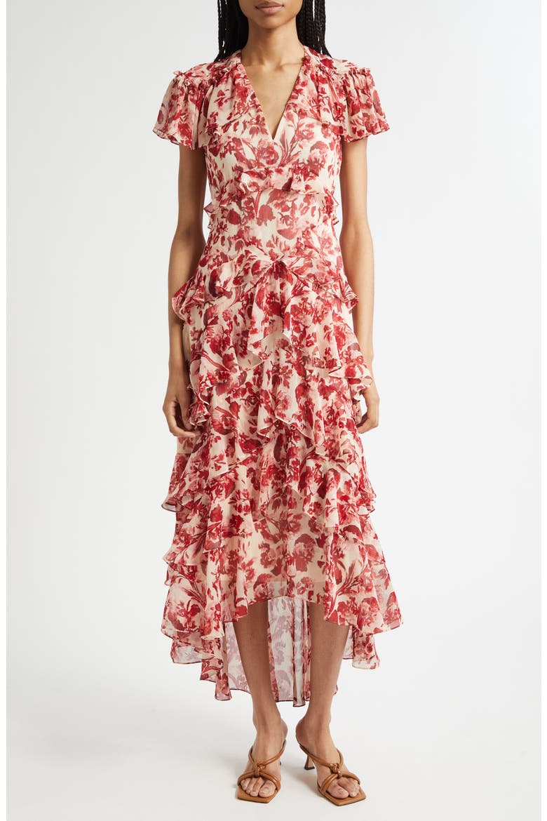 Tatum Floral Ribbons Ruffle Maxi Dress, Main, color, CHERRY ROSE MULTI