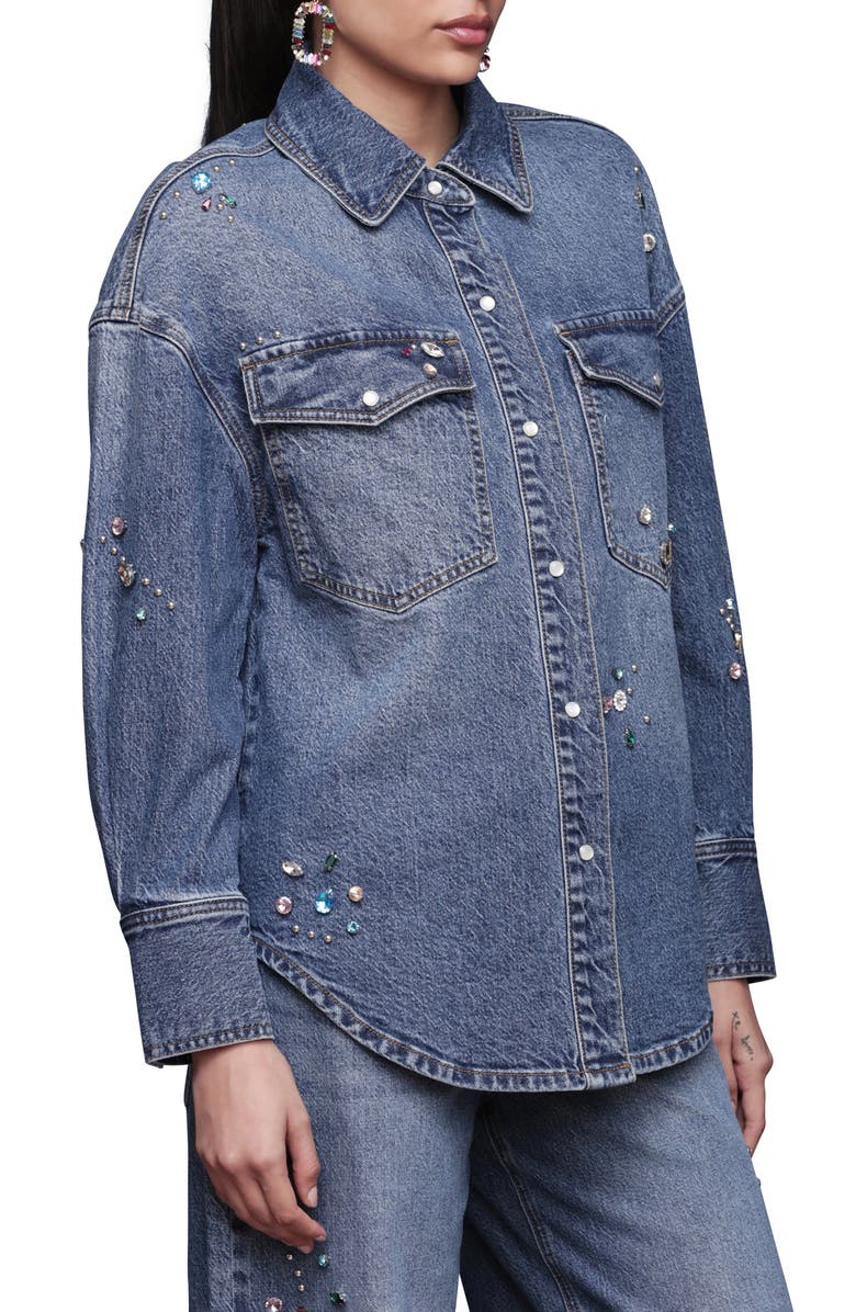 Avec Les Filles Oversize Jewel Embellished Denim Snap-Up Shirt, Alternate, color, Highside - Multicolor Gem