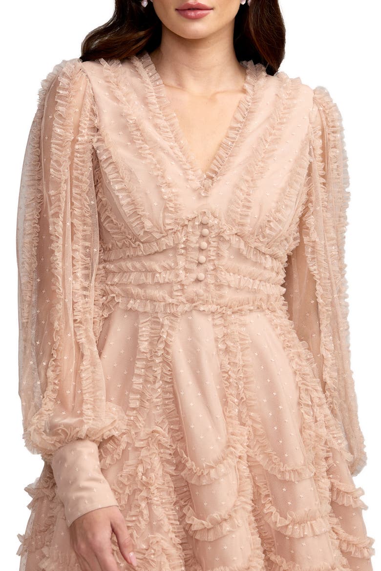 Ruffle Trim V-Neck Long Sleeve Mini Dress with Tiered Skirt, Alternate, color, Bisque