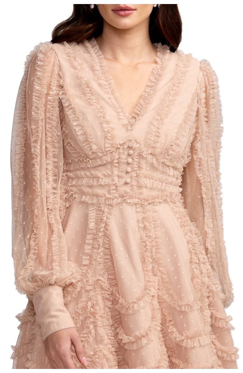 Mac Duggal Ruffle Trim V-Neck Long Sleeve Mini Dress with Tiered Skirt, Alternate, color, Bisque
