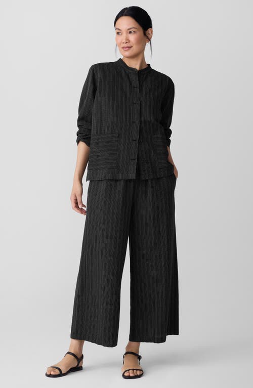 Eileen Fisher Stripe Mandarin Collar Stretch Organic Cotton Blend Shirt Jacket In Black