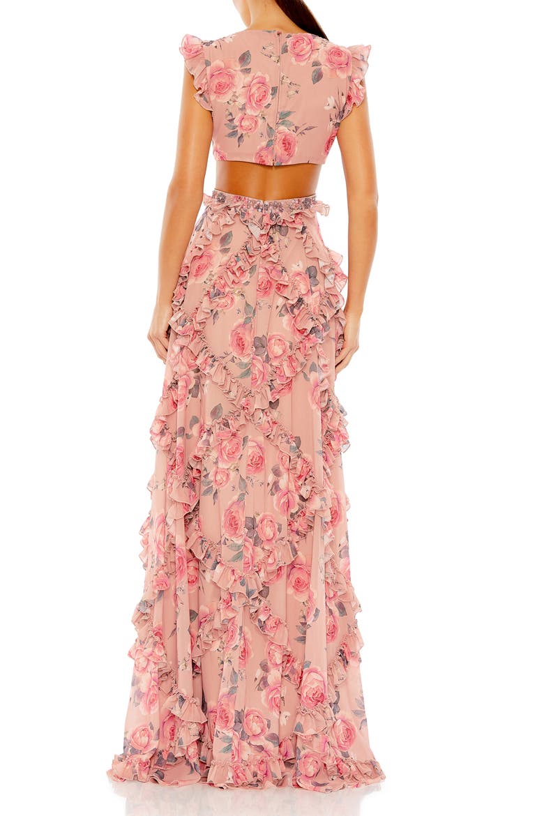 Ruffled Cut Out Cap Sleeve V Neck Gown, Alternate, color, ROSE MULTI