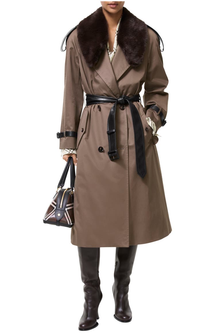 Long Faux Fur Collar Roseville Trench Coat, Main, color, Sepia brown