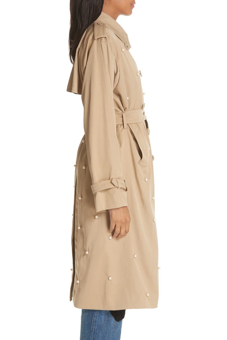 Imitation Pearl Embellished Trench Coat, Alternate, color, BEIGE BEIG