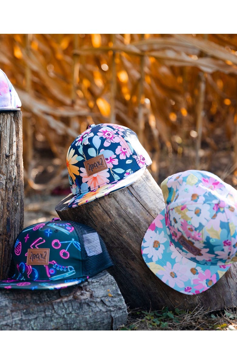 Deux par Deux Girl's Printed Cap Navy And Yellow And Pink Flowers, Alternate, color,