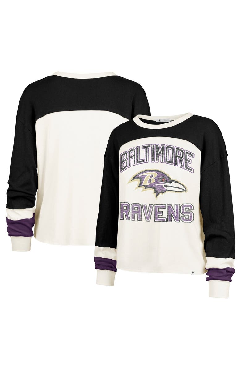 '47 Women's '47 Cream Baltimore Ravens Double Header Curve Raglan Long Sleeve Crop Top, Main, color,