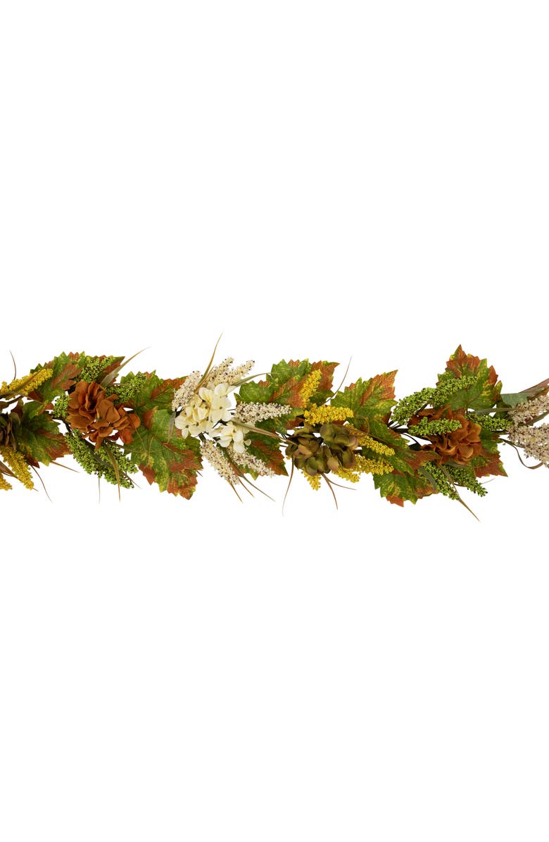 Northlight Hydrangea, Pib Berry and Maple Floral Artificial Fall Harvest Garland - 5' x 10", Alternate, color, Green