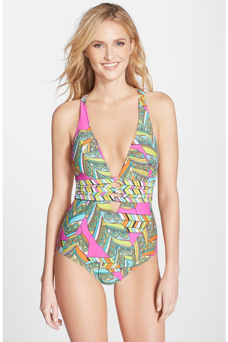 'Tuvalu' Print One-Piece Swimsuit, Main, color, FLAMINGO