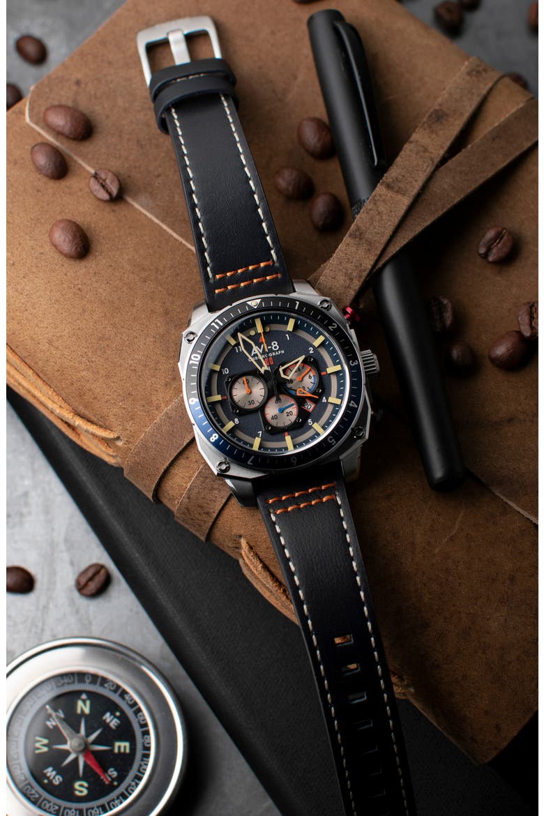 Hawker Hunter Atlas Pavillion Blue Dual Time Chronograph Leather Strap Watch, 43mm, Alternate, color, BLUE