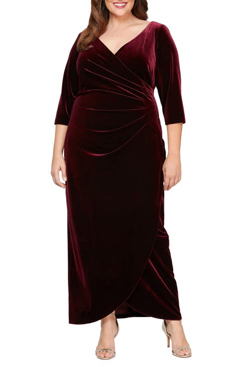 Surplice Neck Velvet Dress (Plus)