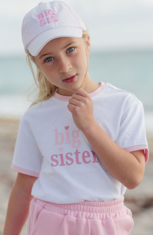 Bits & Bows Big Sis Seersucker Bow Baseball Hat In Pink