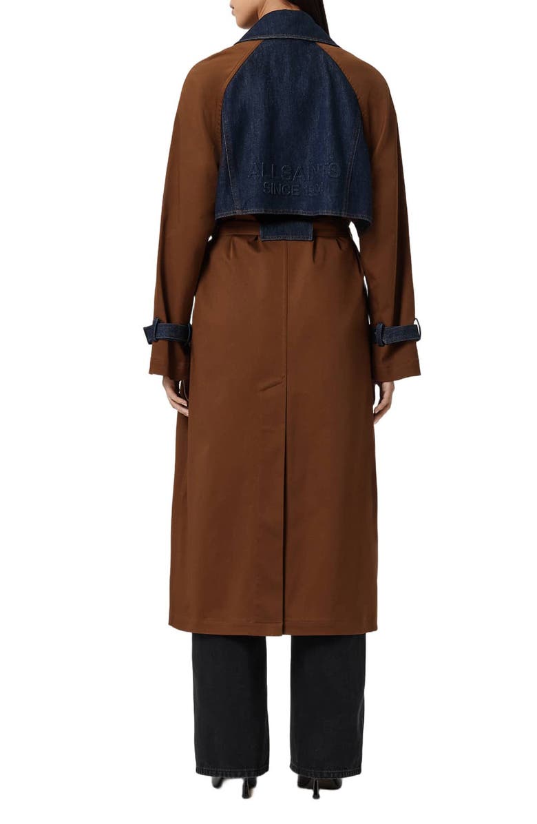 AllSaints Dayly Tie Waist Denim Accent Trench Coat, Alternate, color, Cognac Brown