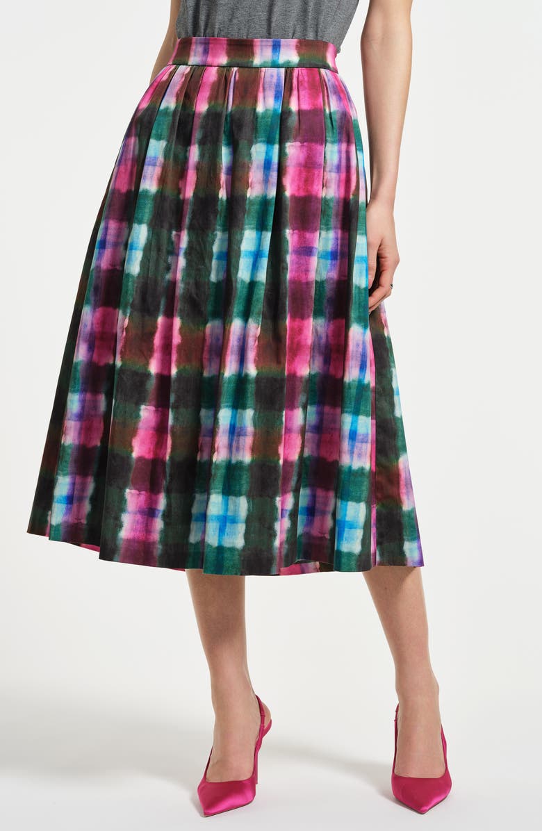 Isaac Mizrahi New York Stretch Cotton Sateen Midi Skirt, Main, color, Watercolor Tartan
