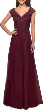 La Femme Short Sleeve Lace Gown with Cascading Embellishments