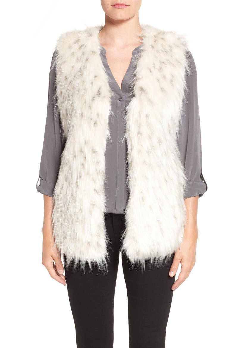Collarless Faux Fur Vest, Main, color, WHITE BLACK TIPPING