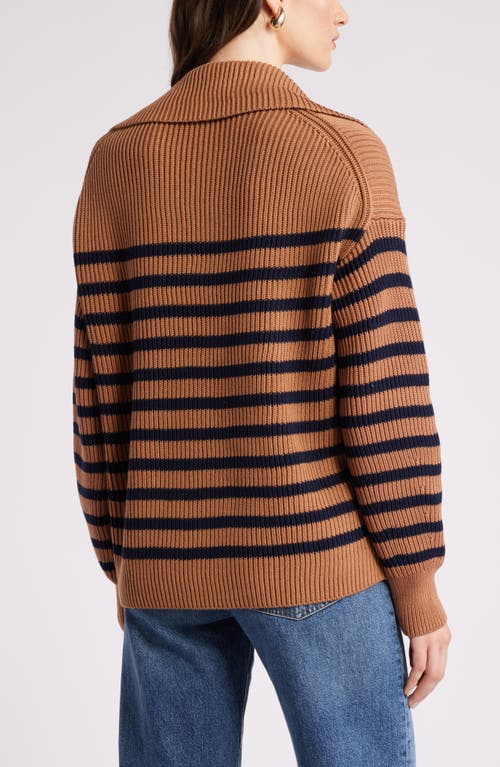 Nordstrom Stripe Long Sleeve Cotton Sweater In Tan- Navy Stripe