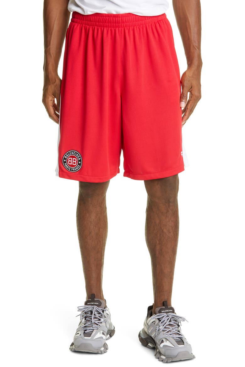 Logo Mesh Jersey Soccer Shorts, Main, color, RED/WHITE