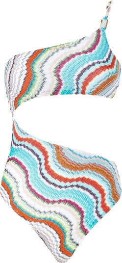 Missoni One-shoulder One-piece Swimsuit With Lamé Wave Motif