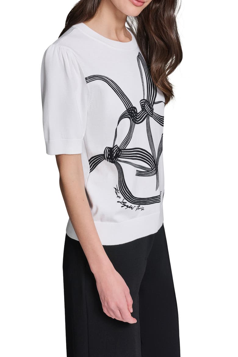 Bow Print Short Sleeve Cotton Sweater, Alternate, color, SOFT WHITE/ BLACK