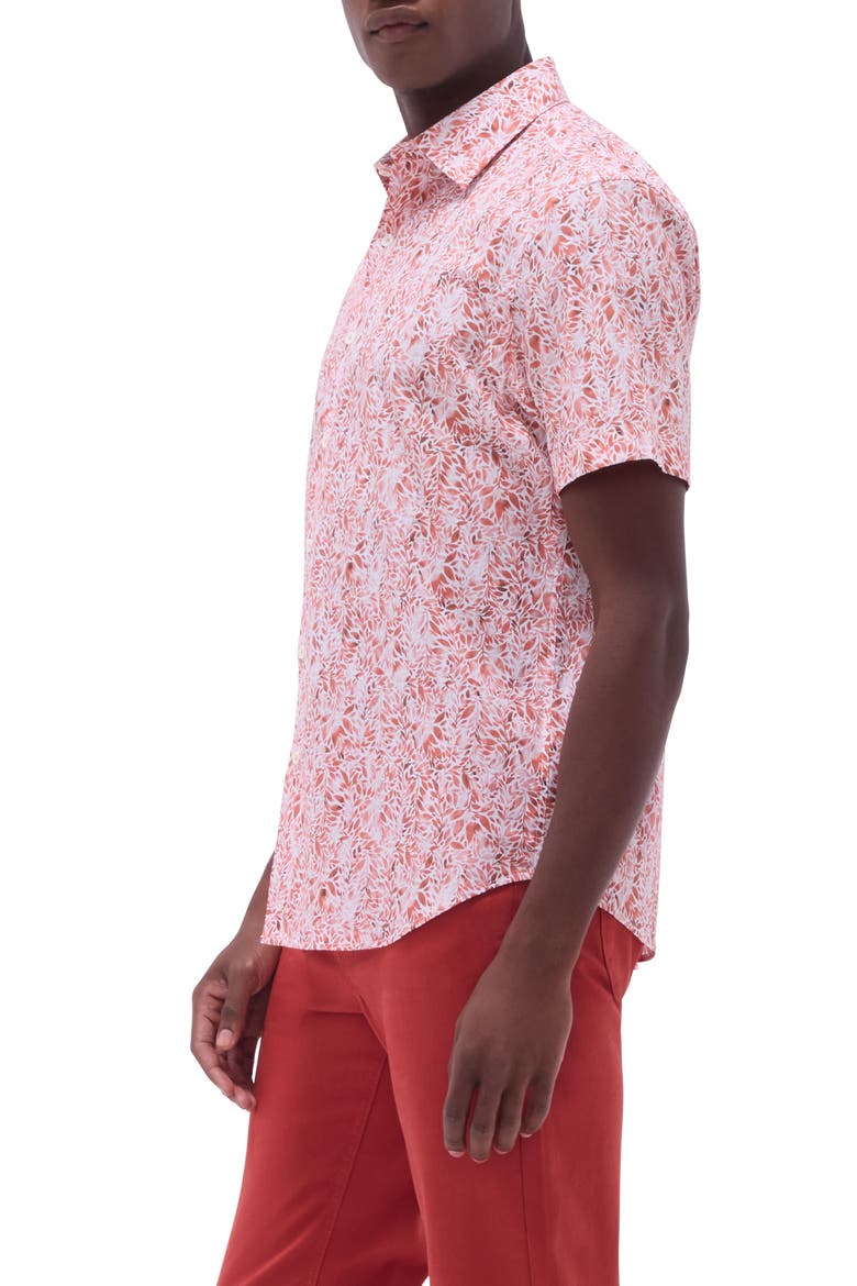 Orson Trim Fit Leaf Print Short Sleeve Stretch Cotton Button-Up Shirt, Alternate, color, PAPRIKA