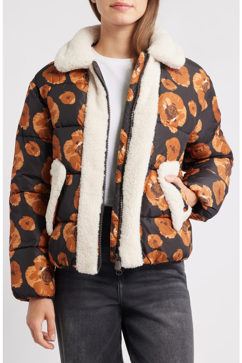Sugar Water Resistant Floral Puffer Jacket with High Pile Fleece Trim, Alternate, color, MACRO BEIGE/BROWN FLOWERS