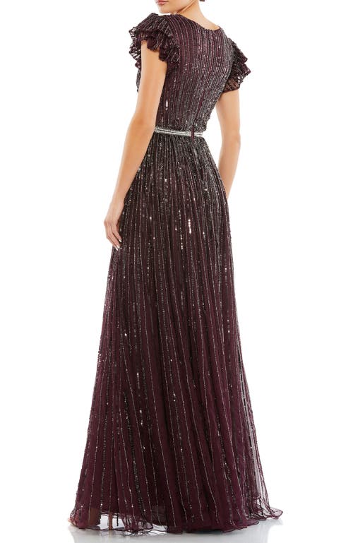 Mac Duggal Ruffled Cap Sleeve Sequin Wrap Gown In Brown