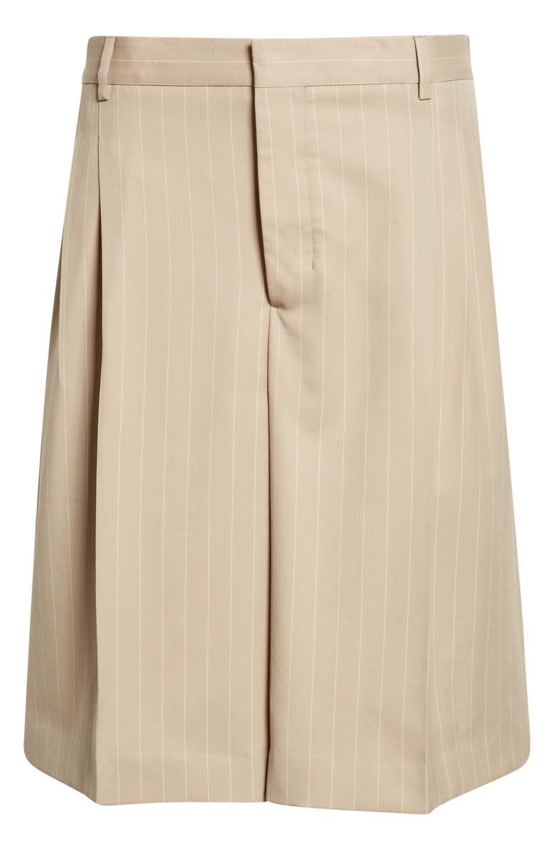 AMI PARIS Pleated Pinstripe Wide Leg Wool Gabardine Bermuda Shorts, Main, color, Beige Taupe/ Blanc Creme