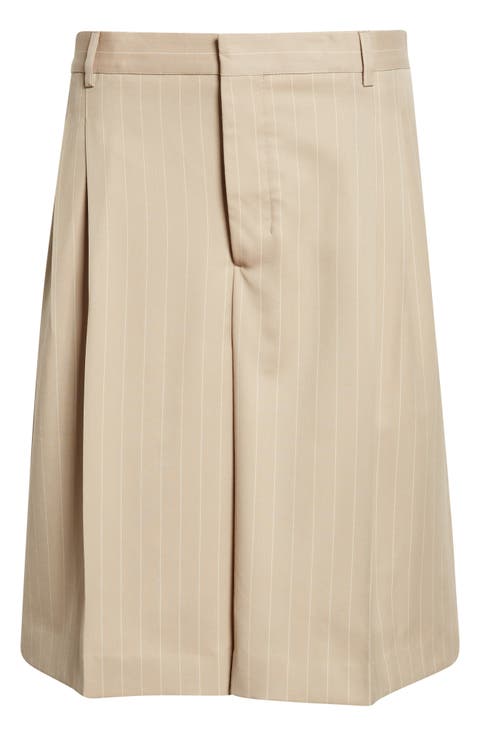 Pleated Pinstripe Wide Leg Wool Gabardine Bermuda Shorts