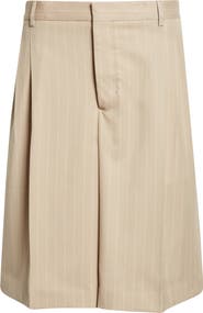 AMI PARIS Pleated Pinstripe Wide Leg Wool Gabardine Bermuda Shorts