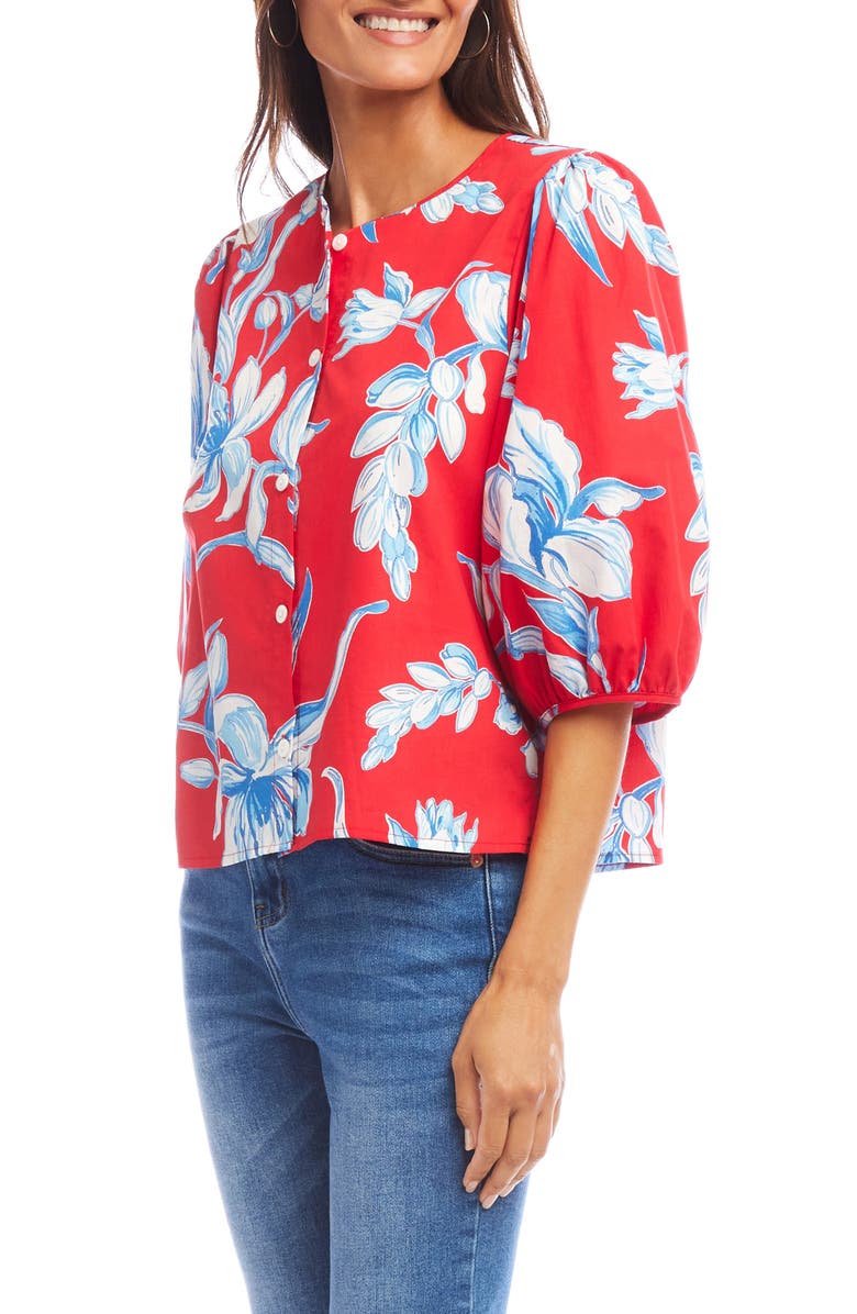 Karen Kane Floral Print Puff Sleeve Cotton Button-Up Shirt, Alternate, color, Red Print