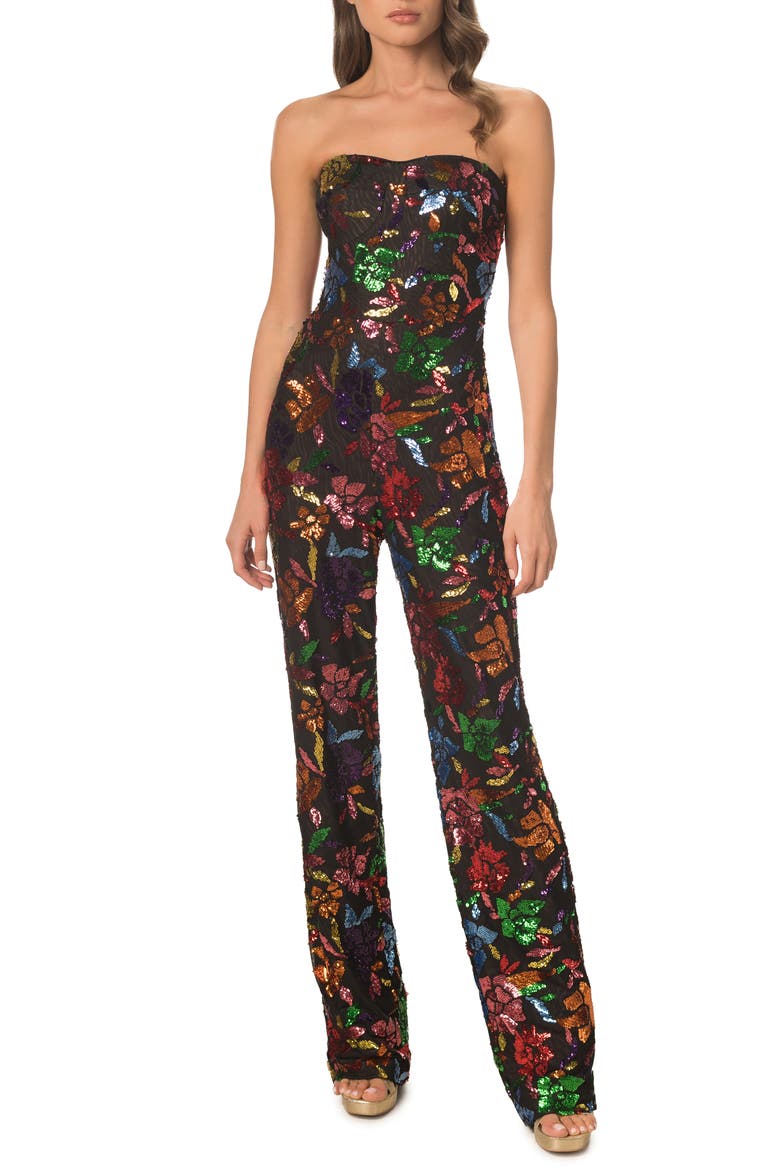 Preston Floral Sequin Strapless Jumpsuit, Main, color, BLACK MULTI