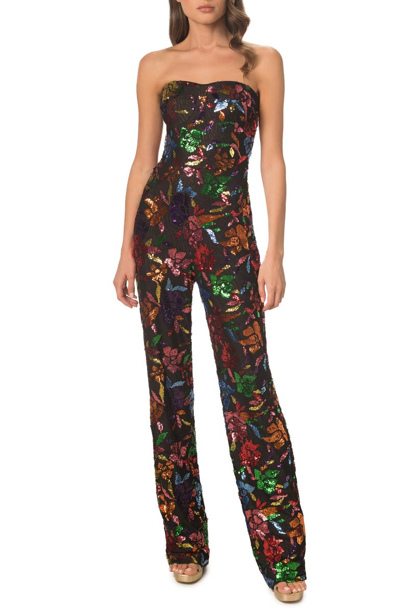 Dress the Population Preston Floral Sequin Strapless Jumpsuit, Main, color,