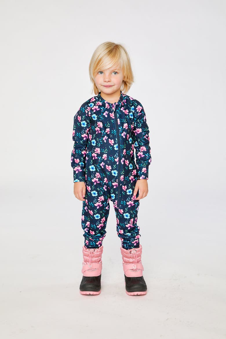 One Piece Stretch Fleece Asymmetric Zip Thermal Underwear, Alternate, color, Blue Floral Print