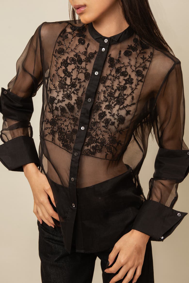 Winifred Sheer Beaded Silk Organza Blouse, Alternate, color, Black